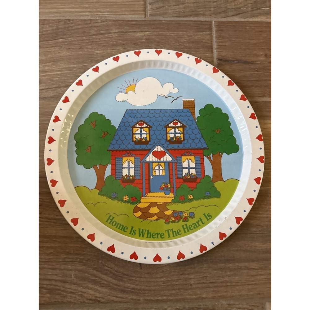 Vintage Tin Giftco Metal Round Serving Tray Home Is Where The Heart‎ Is Barware